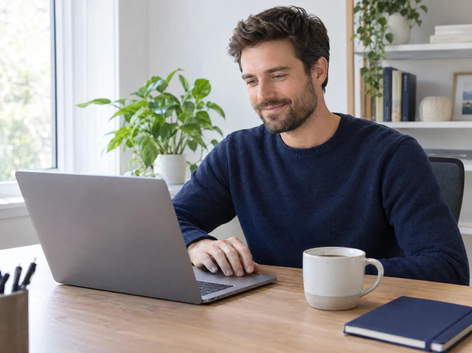 A man reads an email at his desk.