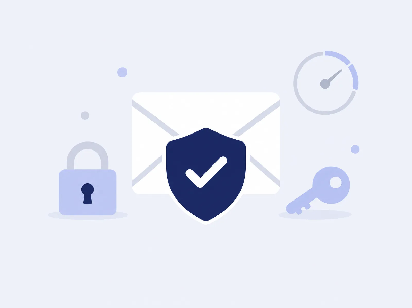 An email protected by a shield with a checkmark, next to a padlock and a key.