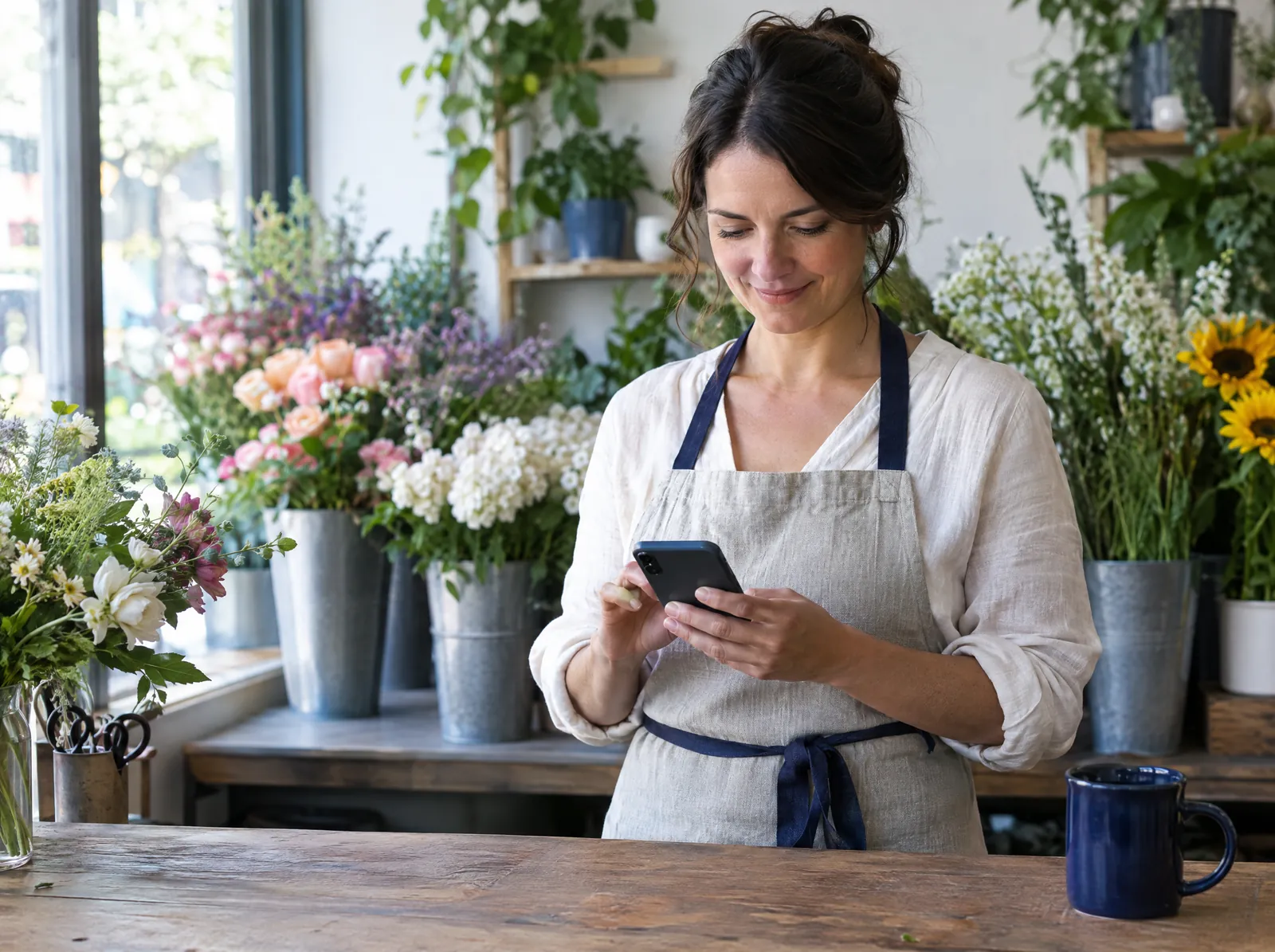 A florist answers a customer’s email on her phone in her shop.